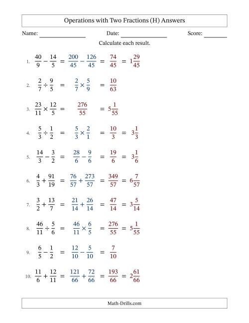 The Operations with Proper and Improper Fractions with Unlike Denominators, Mixed Fractions Results and No Simplifying (H) Math Worksheet Page 2
