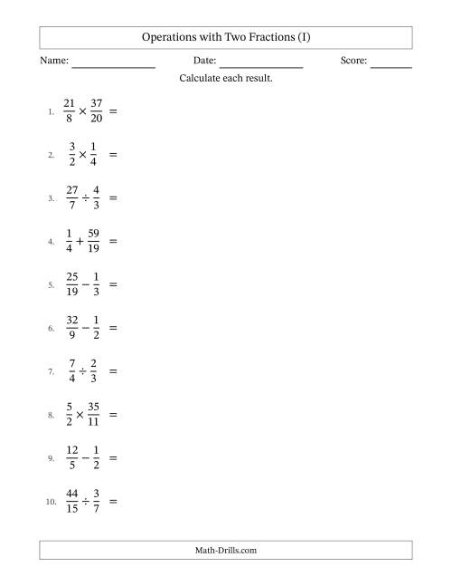 The Operations with Proper and Improper Fractions with Unlike Denominators, Mixed Fractions Results and No Simplifying (I) Math Worksheet