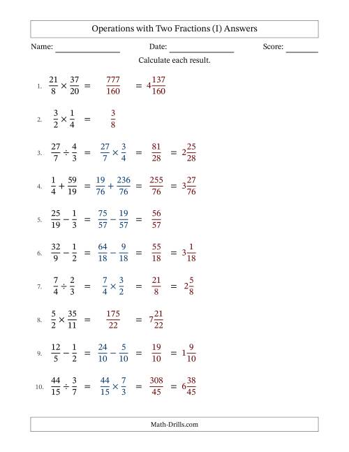 The Operations with Proper and Improper Fractions with Unlike Denominators, Mixed Fractions Results and No Simplifying (I) Math Worksheet Page 2