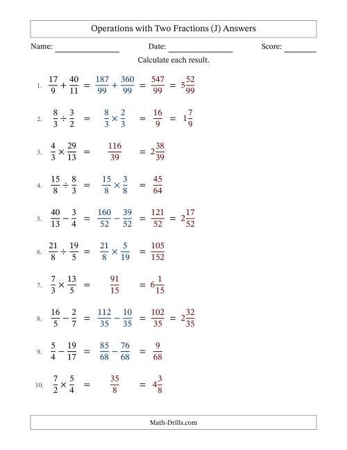 The Operations with Proper and Improper Fractions with Unlike Denominators, Mixed Fractions Results and No Simplifying (J) Math Worksheet Page 2
