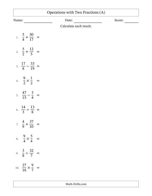 The Operations with Proper and Improper Fractions with Unlike Denominators, Mixed Fractions Results and No Simplifying (All) Math Worksheet