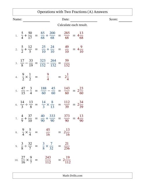 The Operations with Proper and Improper Fractions with Unlike Denominators, Mixed Fractions Results and No Simplifying (All) Math Worksheet Page 2