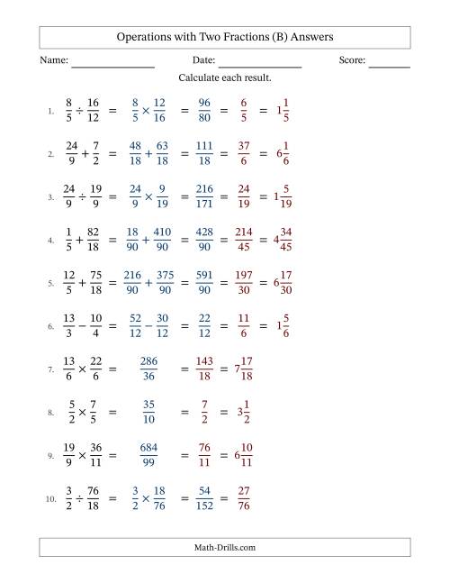 The Operations with Proper and Improper Fractions with Unlike Denominators, Mixed Fractions Results and All Simplifying (B) Math Worksheet Page 2