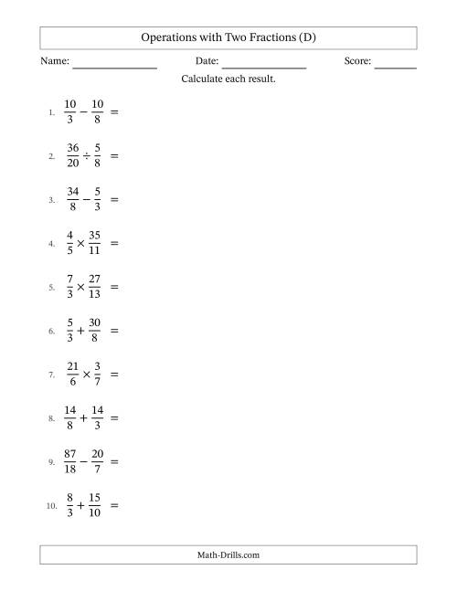 The Operations with Proper and Improper Fractions with Unlike Denominators, Mixed Fractions Results and All Simplifying (D) Math Worksheet