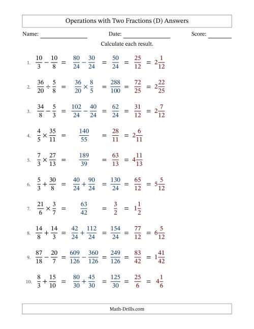The Operations with Proper and Improper Fractions with Unlike Denominators, Mixed Fractions Results and All Simplifying (D) Math Worksheet Page 2