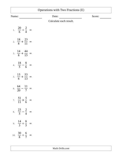 The Operations with Proper and Improper Fractions with Unlike Denominators, Mixed Fractions Results and All Simplifying (E) Math Worksheet