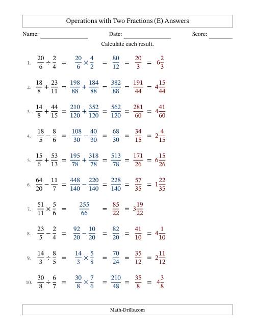 The Operations with Proper and Improper Fractions with Unlike Denominators, Mixed Fractions Results and All Simplifying (E) Math Worksheet Page 2