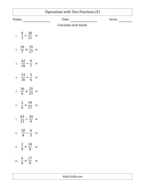 The Operations with Proper and Improper Fractions with Unlike Denominators, Mixed Fractions Results and All Simplifying (F) Math Worksheet