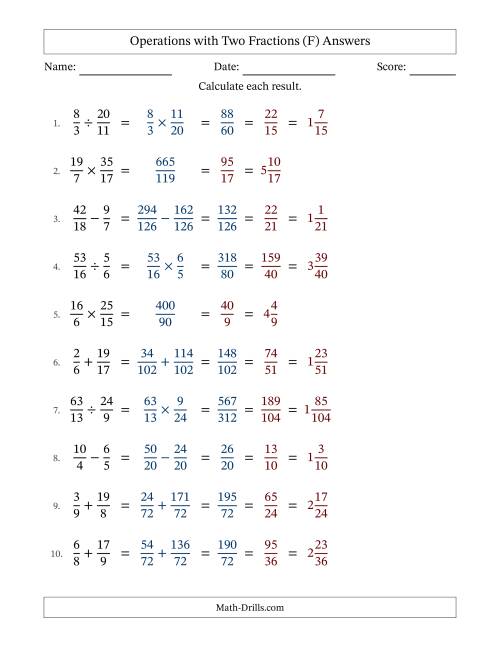 The Operations with Proper and Improper Fractions with Unlike Denominators, Mixed Fractions Results and All Simplifying (F) Math Worksheet Page 2