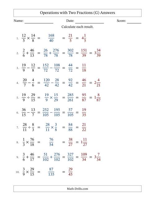 The Operations with Proper and Improper Fractions with Unlike Denominators, Mixed Fractions Results and All Simplifying (G) Math Worksheet Page 2