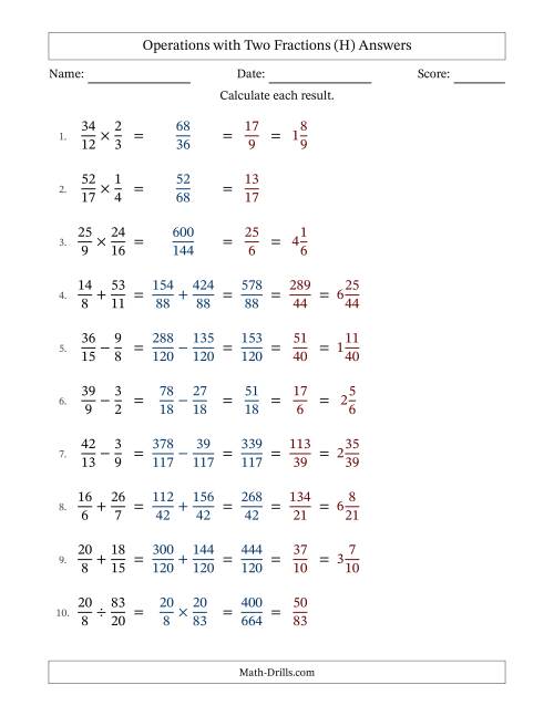 The Operations with Proper and Improper Fractions with Unlike Denominators, Mixed Fractions Results and All Simplifying (H) Math Worksheet Page 2