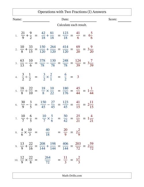 The Operations with Proper and Improper Fractions with Unlike Denominators, Mixed Fractions Results and All Simplifying (I) Math Worksheet Page 2