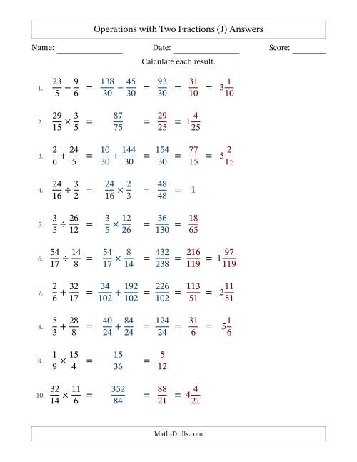 The Operations with Proper and Improper Fractions with Unlike Denominators, Mixed Fractions Results and All Simplifying (J) Math Worksheet Page 2