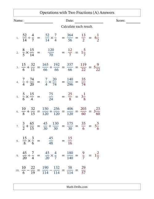 The Operations with Proper and Improper Fractions with Unlike Denominators, Mixed Fractions Results and All Simplifying (All) Math Worksheet Page 2