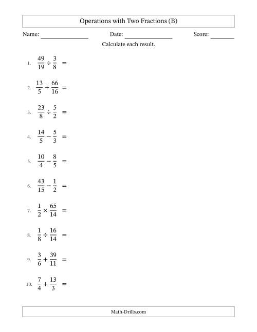 The Operations with Proper and Improper Fractions with Unlike Denominators, Mixed Fractions Results and Some Simplifying (B) Math Worksheet
