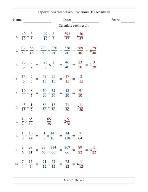 The Operations with Proper and Improper Fractions with Unlike Denominators, Mixed Fractions Results and Some Simplifying (B) Math Worksheet Page 2