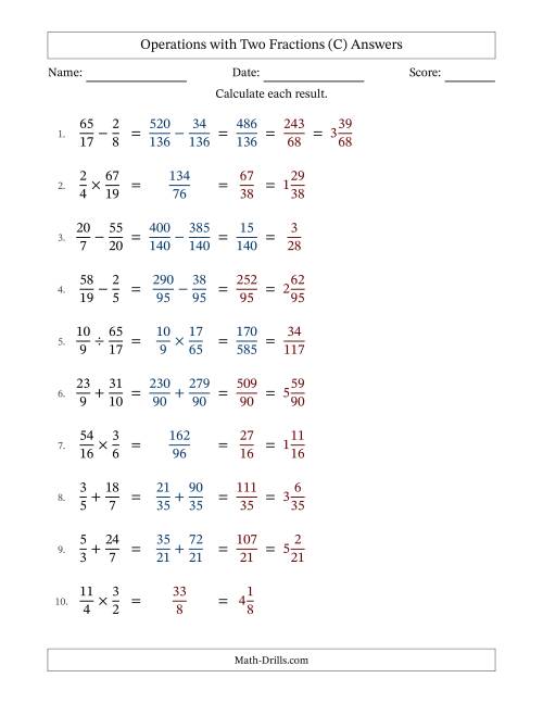 The Operations with Proper and Improper Fractions with Unlike Denominators, Mixed Fractions Results and Some Simplifying (C) Math Worksheet Page 2