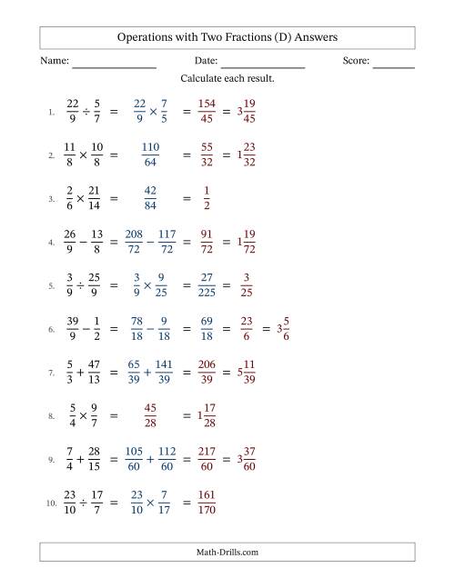 The Operations with Proper and Improper Fractions with Unlike Denominators, Mixed Fractions Results and Some Simplifying (D) Math Worksheet Page 2