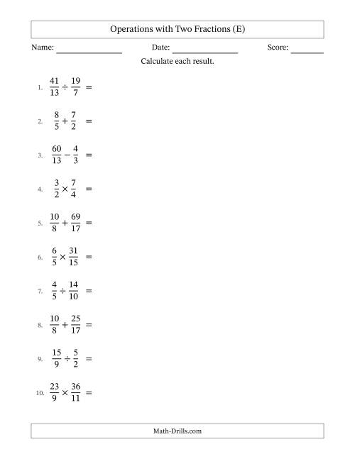 The Operations with Proper and Improper Fractions with Unlike Denominators, Mixed Fractions Results and Some Simplifying (E) Math Worksheet