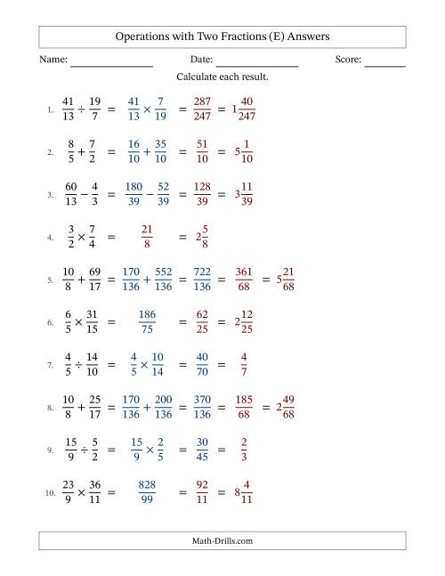 The Operations with Proper and Improper Fractions with Unlike Denominators, Mixed Fractions Results and Some Simplifying (E) Math Worksheet Page 2