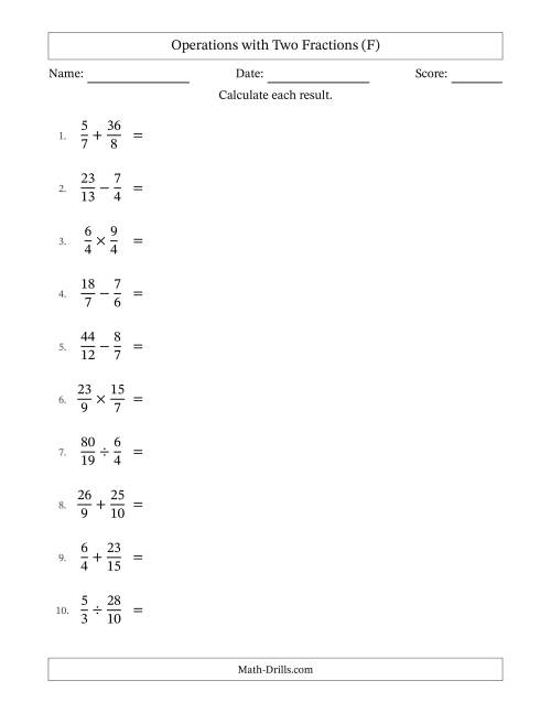 The Operations with Proper and Improper Fractions with Unlike Denominators, Mixed Fractions Results and Some Simplifying (F) Math Worksheet