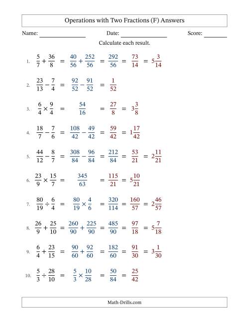 The Operations with Proper and Improper Fractions with Unlike Denominators, Mixed Fractions Results and Some Simplifying (F) Math Worksheet Page 2