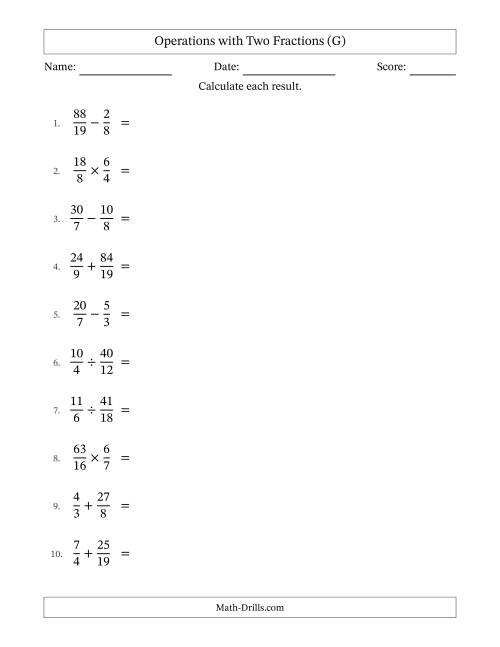 The Operations with Proper and Improper Fractions with Unlike Denominators, Mixed Fractions Results and Some Simplifying (G) Math Worksheet