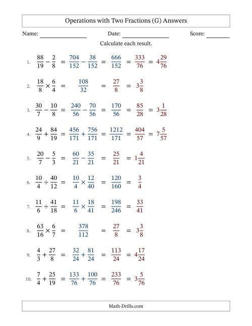 The Operations with Proper and Improper Fractions with Unlike Denominators, Mixed Fractions Results and Some Simplifying (G) Math Worksheet Page 2