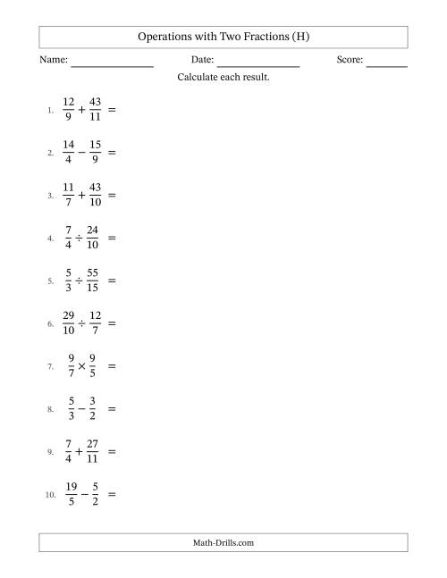 The Operations with Proper and Improper Fractions with Unlike Denominators, Mixed Fractions Results and Some Simplifying (H) Math Worksheet