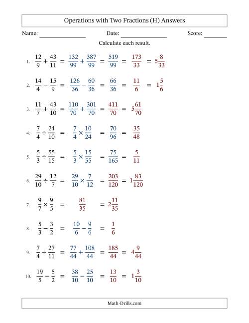 The Operations with Proper and Improper Fractions with Unlike Denominators, Mixed Fractions Results and Some Simplifying (H) Math Worksheet Page 2