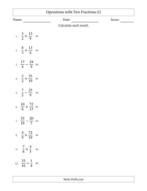 The Operations with Proper and Improper Fractions with Unlike Denominators, Mixed Fractions Results and Some Simplifying (I) Math Worksheet