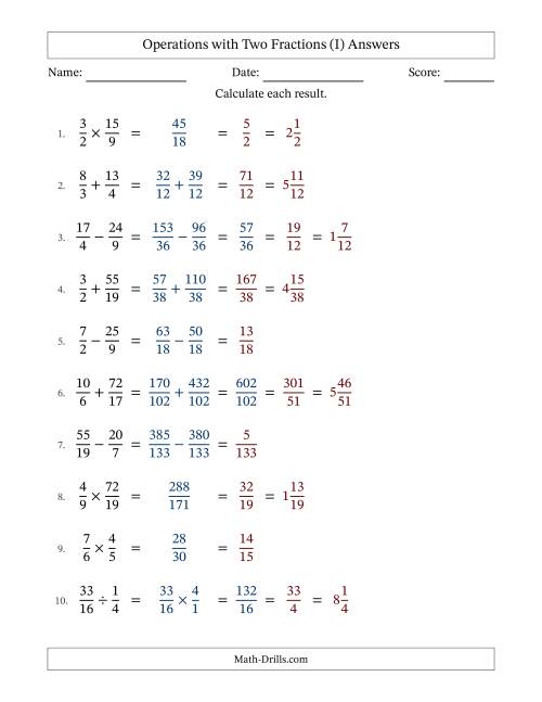 The Operations with Proper and Improper Fractions with Unlike Denominators, Mixed Fractions Results and Some Simplifying (I) Math Worksheet Page 2