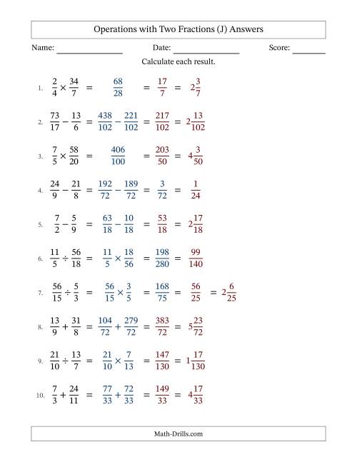 The Operations with Proper and Improper Fractions with Unlike Denominators, Mixed Fractions Results and Some Simplifying (J) Math Worksheet Page 2