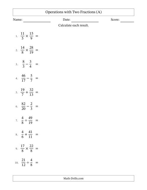 The Operations with Proper and Improper Fractions with Unlike Denominators, Mixed Fractions Results and Some Simplifying (All) Math Worksheet