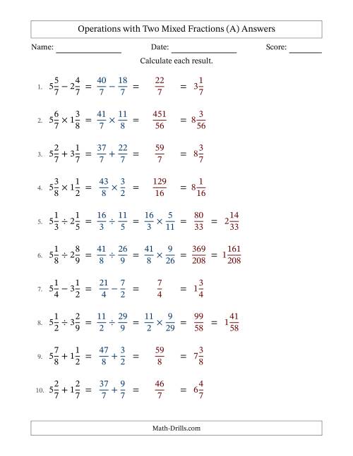 The Operations with Two Mixed Fractions with Equal Denominators, Mixed Fractions Results and No Simplifying (A) Math Worksheet Page 2