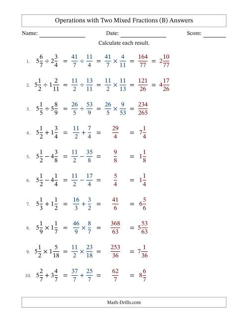 The Operations with Two Mixed Fractions with Equal Denominators, Mixed Fractions Results and No Simplifying (B) Math Worksheet Page 2