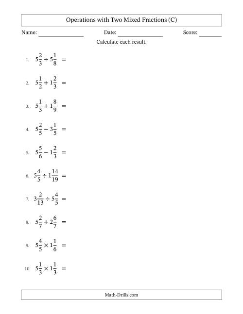 The Operations with Two Mixed Fractions with Equal Denominators, Mixed Fractions Results and No Simplifying (C) Math Worksheet