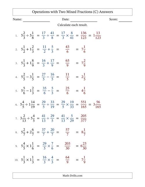 The Operations with Two Mixed Fractions with Equal Denominators, Mixed Fractions Results and No Simplifying (C) Math Worksheet Page 2
