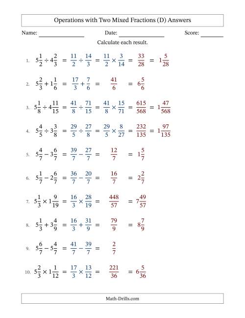 The Operations with Two Mixed Fractions with Equal Denominators, Mixed Fractions Results and No Simplifying (D) Math Worksheet Page 2