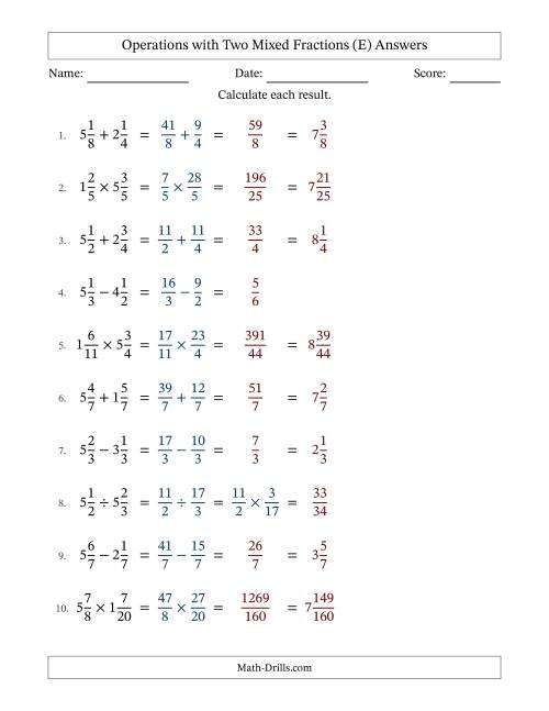 The Operations with Two Mixed Fractions with Equal Denominators, Mixed Fractions Results and No Simplifying (E) Math Worksheet Page 2