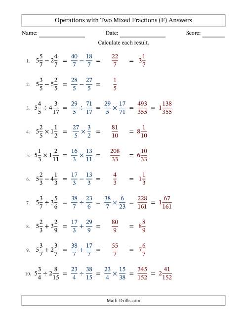 The Operations with Two Mixed Fractions with Equal Denominators, Mixed Fractions Results and No Simplifying (F) Math Worksheet Page 2