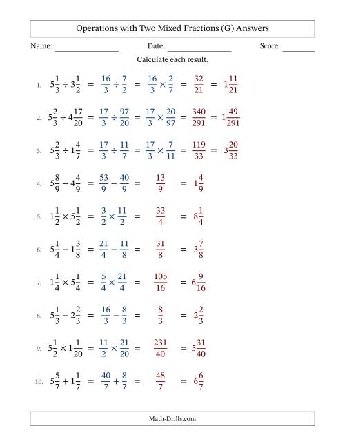 The Operations with Two Mixed Fractions with Equal Denominators, Mixed Fractions Results and No Simplifying (G) Math Worksheet Page 2