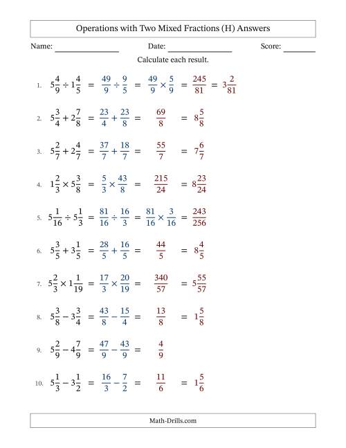 The Operations with Two Mixed Fractions with Equal Denominators, Mixed Fractions Results and No Simplifying (H) Math Worksheet Page 2