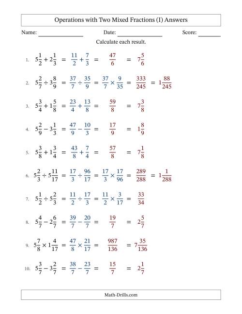 The Operations with Two Mixed Fractions with Equal Denominators, Mixed Fractions Results and No Simplifying (I) Math Worksheet Page 2