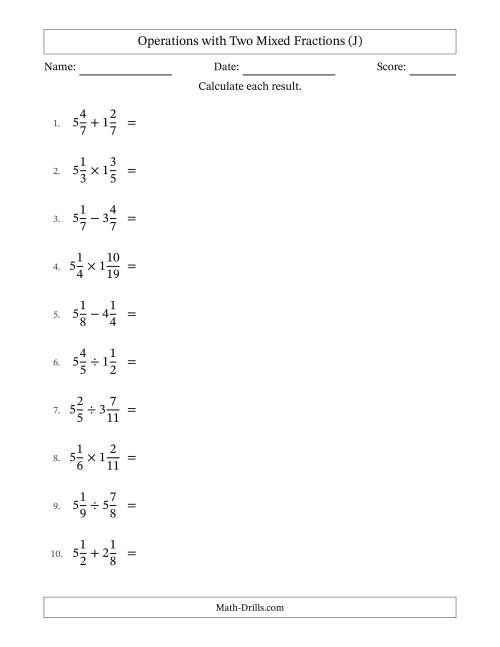 The Operations with Two Mixed Fractions with Equal Denominators, Mixed Fractions Results and No Simplifying (J) Math Worksheet