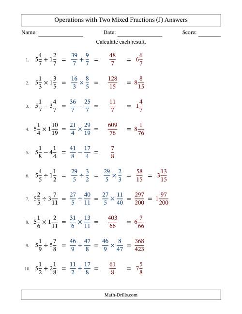 The Operations with Two Mixed Fractions with Equal Denominators, Mixed Fractions Results and No Simplifying (J) Math Worksheet Page 2