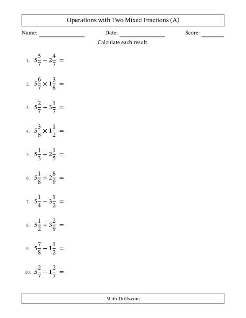 The Operations with Two Mixed Fractions with Equal Denominators, Mixed Fractions Results and No Simplifying (All) Math Worksheet