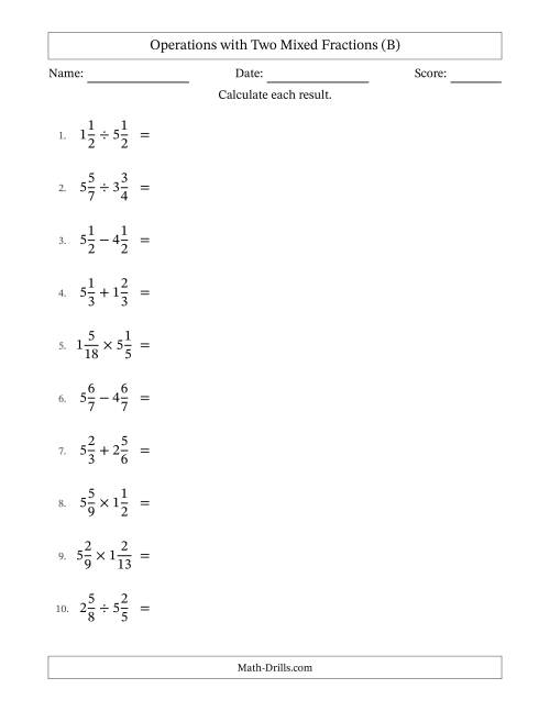 The Operations with Two Mixed Fractions with Equal Denominators, Mixed Fractions Results and All Simplifying (B) Math Worksheet