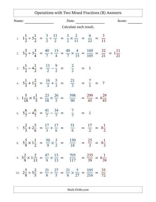 The Operations with Two Mixed Fractions with Equal Denominators, Mixed Fractions Results and All Simplifying (B) Math Worksheet Page 2