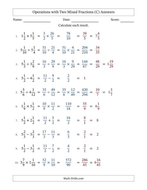 The Operations with Two Mixed Fractions with Equal Denominators, Mixed Fractions Results and All Simplifying (C) Math Worksheet Page 2